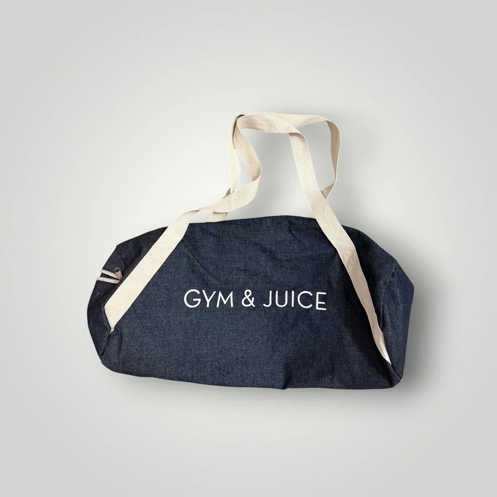 Gym & Juice Duffel Bag Large Blue Denim Graphic Travel Barrel Workout Yoga Funny